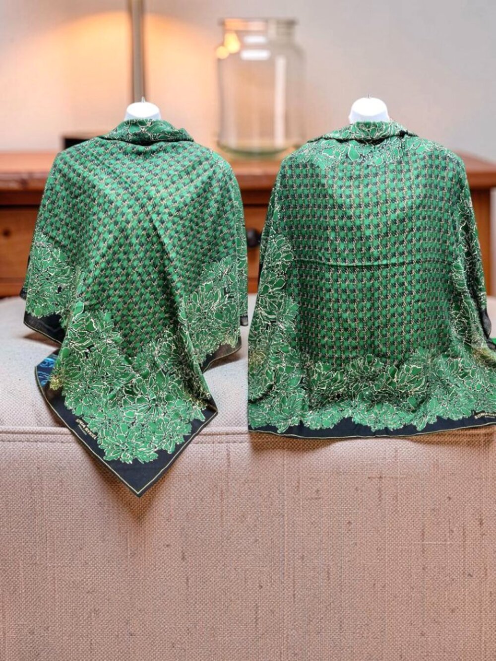 A Pair SONIA RYKIEL Foulards Scarf Shawl 42"  Black White Green Gold Floral  (25 - Picture 3 of 16